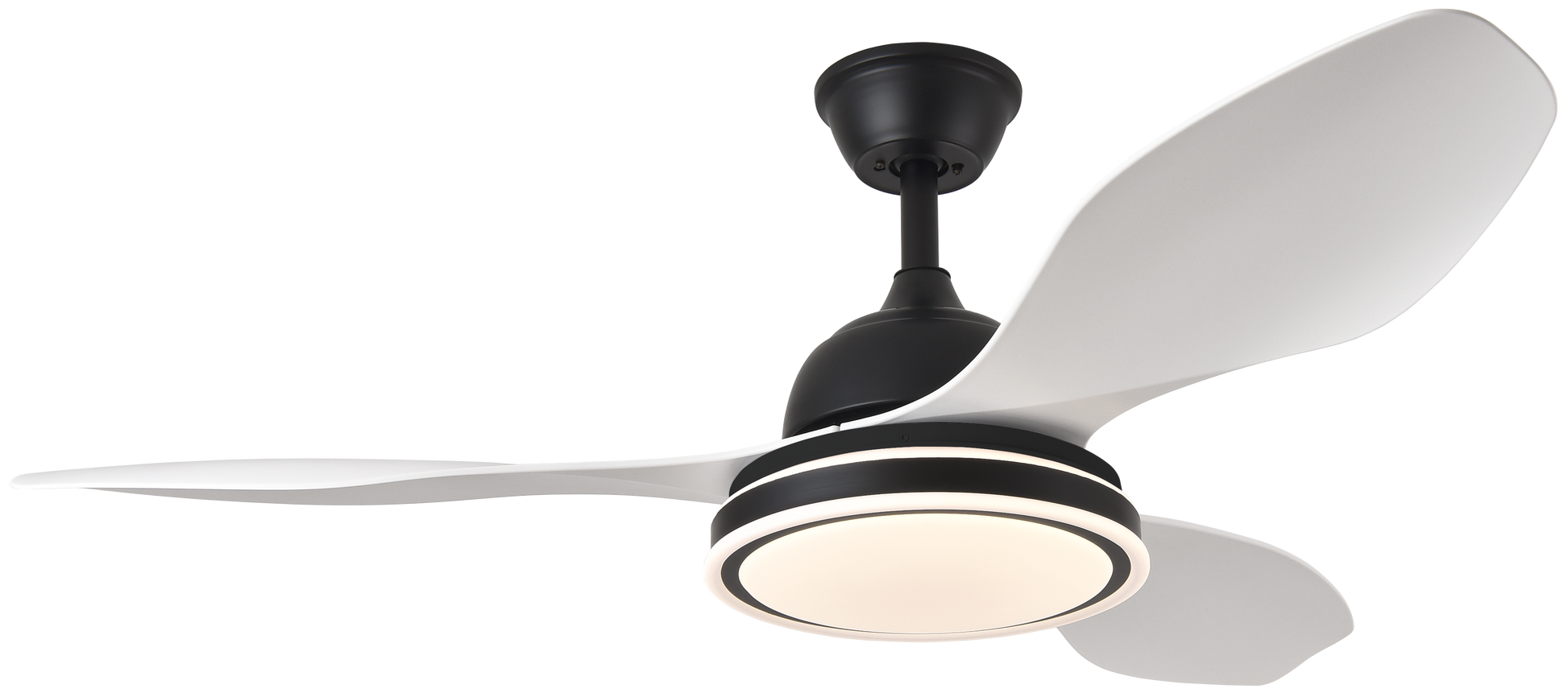 Ventilador de techo Datoo 48W DC motor eficiente en negro y blanco, modelo Abrila con 6 velocidades, luz LED integrada y control AI2 para interiores domésticos, referencia 182991326