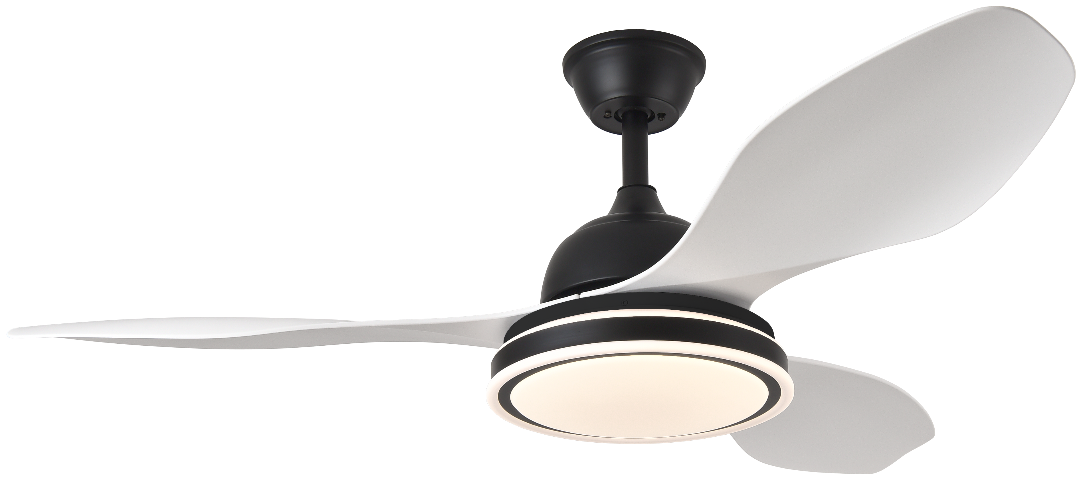 Ventilador de techo Datoo 48W DC motor eficiente en negro y blanco, modelo Abrila con 6 velocidades, luz LED integrada y control AI2 para interiores domésticos, referencia 182991326