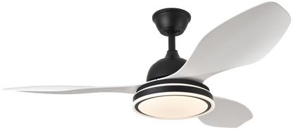 Ventilador de techo Datoo 48W DC motor eficiente en negro y blanco, modelo Abrila con 6 velocidades, luz LED integrada y control AI2 para interiores domésticos, referencia 182991326