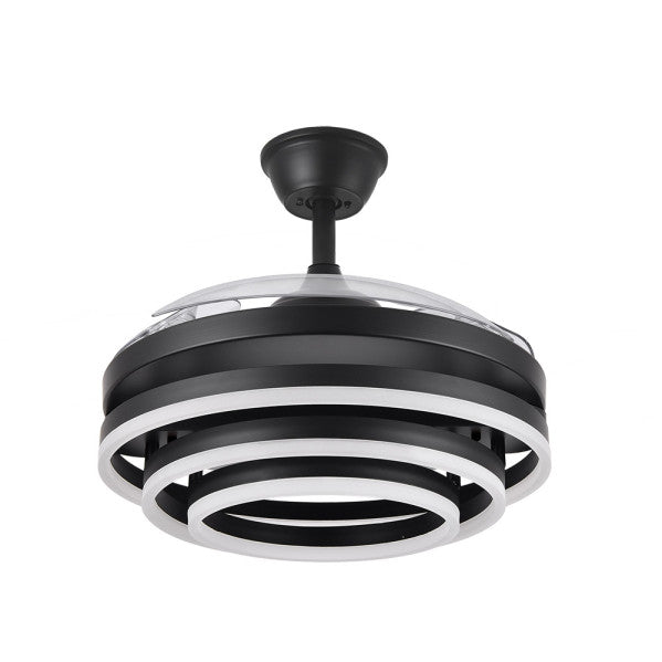 Ventilador de techo Kai negro de Abrila, 72W con 3 aspas retráctiles, LED integrado, mando a distancia y función verano-invierno para ahorro de energía en interiores domésticos