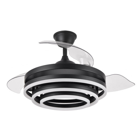 Ventilador de techo Kai negro de Abrila, 72W con 3 aspas retráctiles AI2, LED integrado, mando a distancia y función verano-invierno para ahorro de energía en interior doméstico, modelo 183193409.