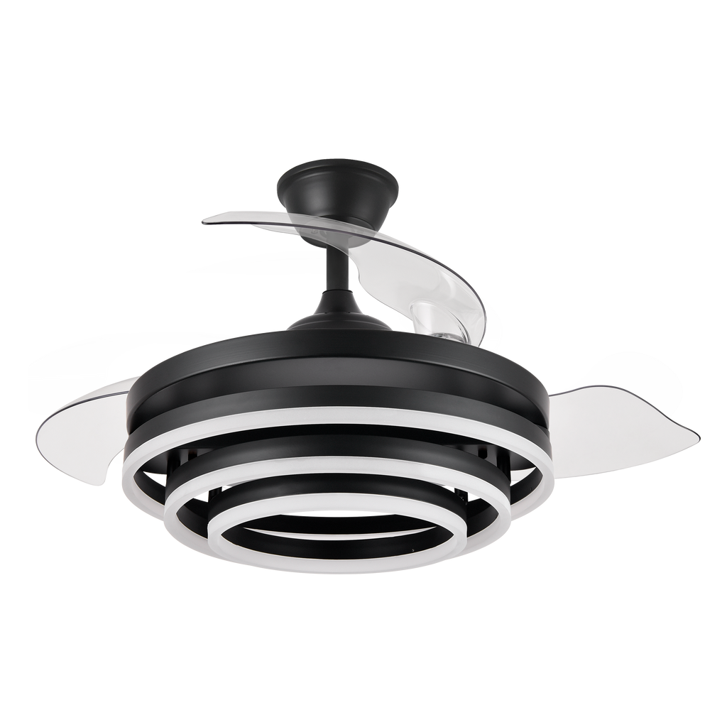 Ventilador de techo Kai negro de Abrila, 72W con 3 aspas retráctiles, LED integrado, mando a distancia y función verano-invierno para ahorro de energía en interior doméstico