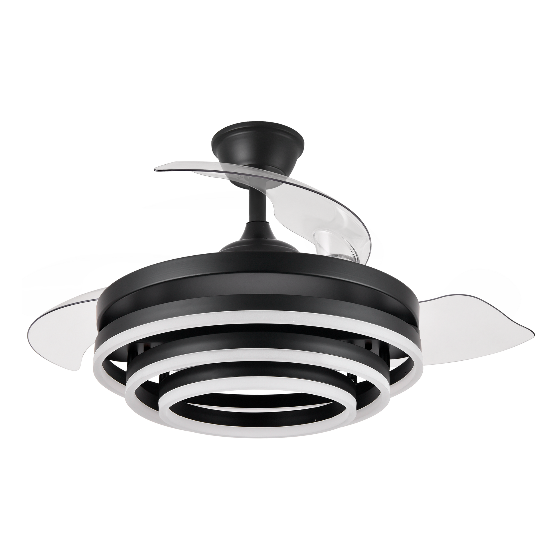 Ventilador de techo Kai negro de Abrila, 72W con 3 aspas retráctiles, LED integrado, mando a distancia y función verano-invierno para ahorro de energía en interior doméstico