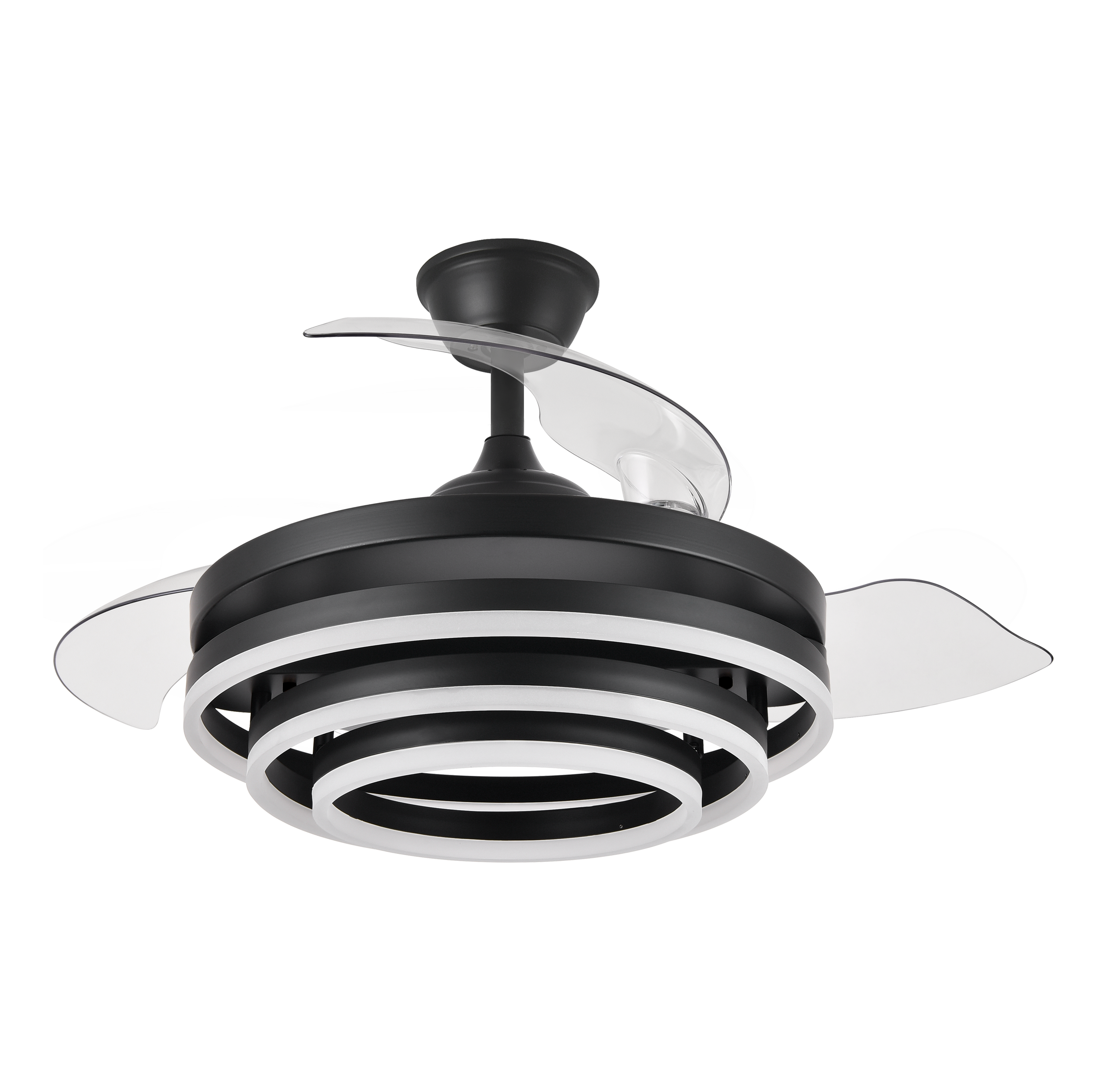 Ventilador de techo Kai negro de Abrila, 72W con 3 aspas retráctiles, LED integrado, mando a distancia y función verano-invierno para ahorro de energía en interior doméstico