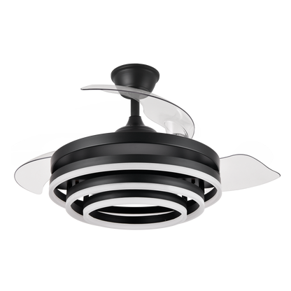 Ventilador de techo Kai negro de Abrila, 72W con 3 aspas retráctiles, LED integrado, mando a distancia y función verano-invierno para ahorro de energía en interior doméstico