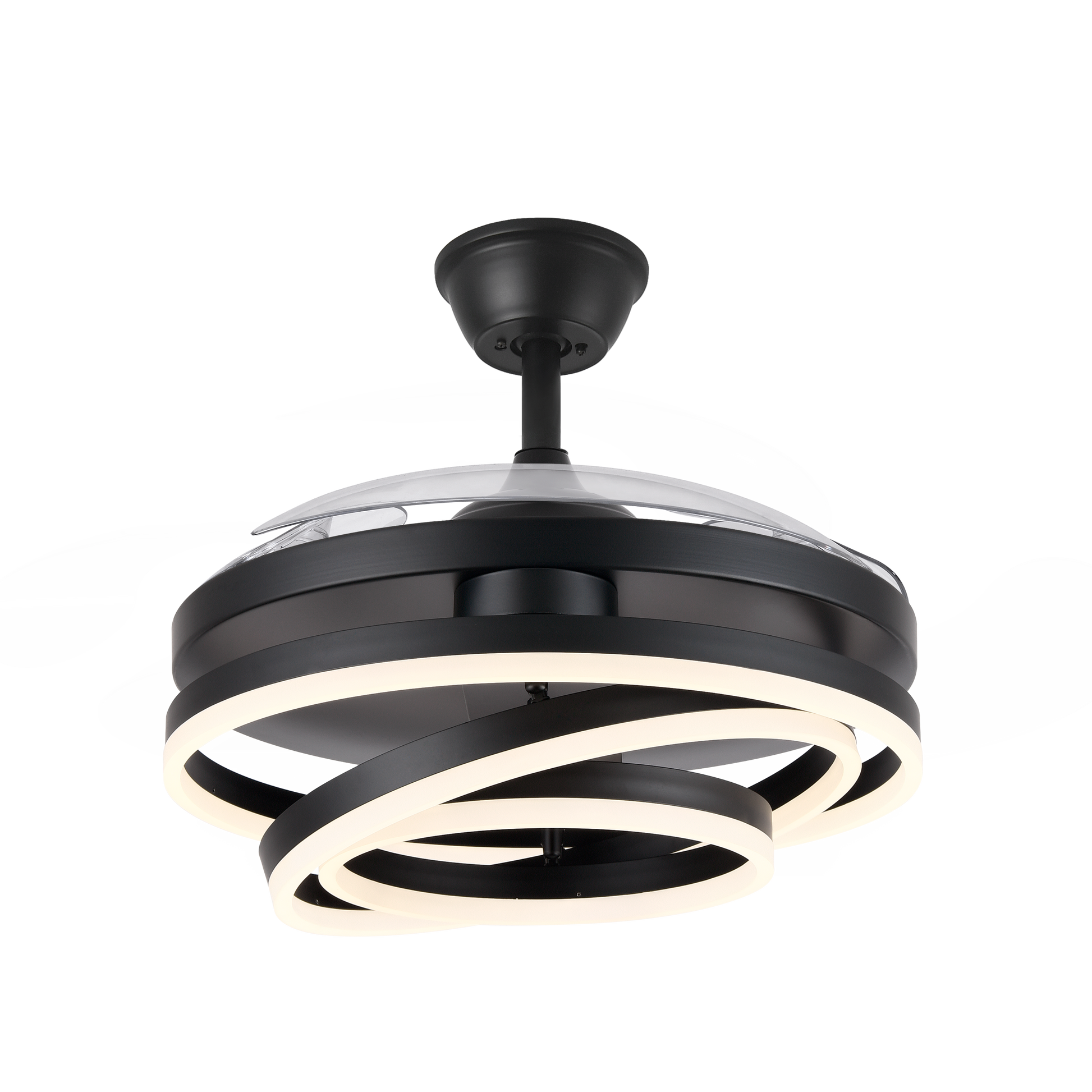 Ventilador de techo Kai negro de Abrila, modelo 183193409 con 72W de potencia, 3 aspas retráctiles, LED integrado, mando a distancia y función verano-invierno para ahorro de energía en interiores domésticos.