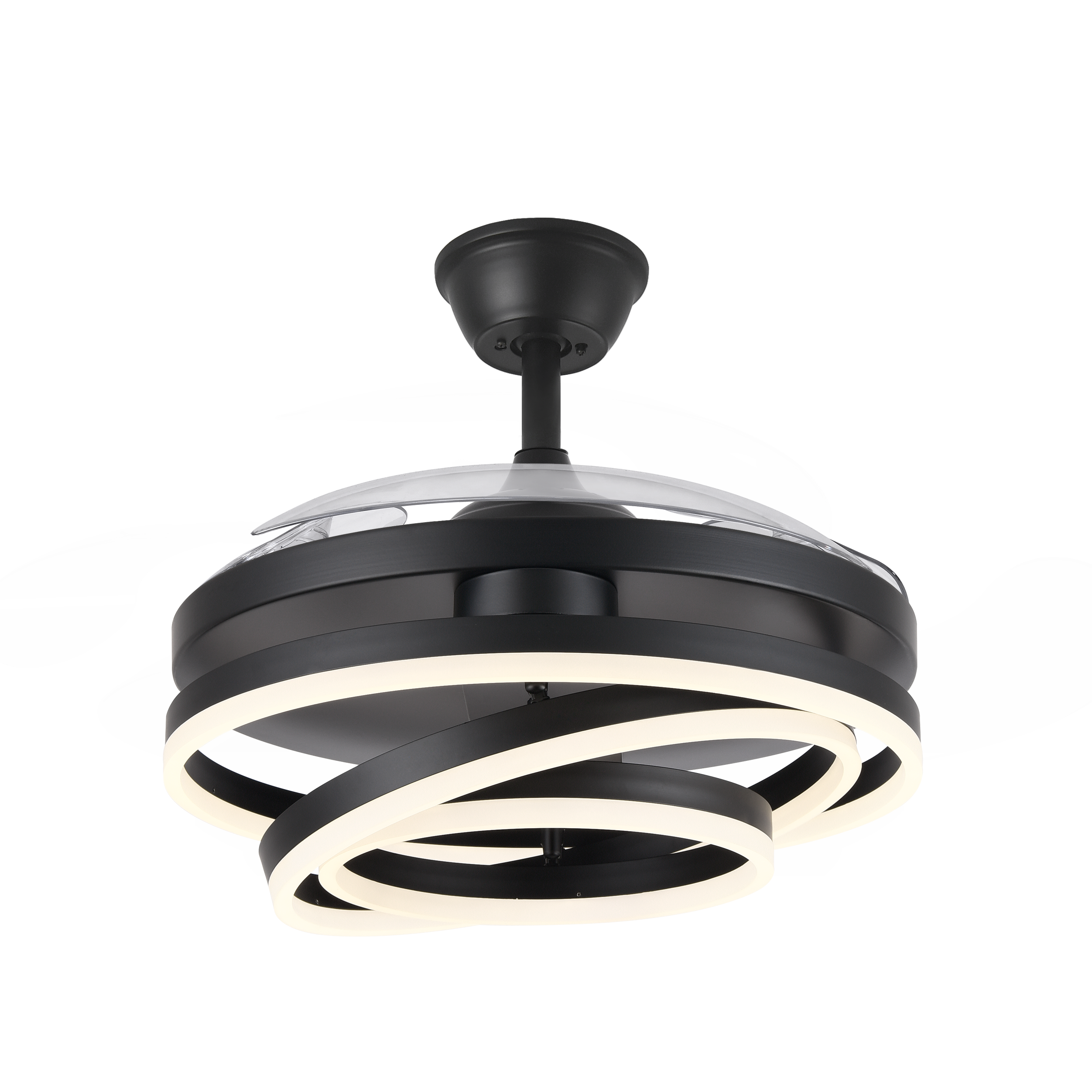 Ventilador de techo Kai negro de Abrila, modelo 183193409 con 72W de potencia, 3 aspas retráctiles, LED integrado, mando a distancia y función verano-invierno para ahorro de energía en interiores domésticos.