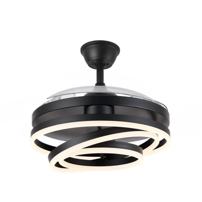 Ventilador de techo Kai negro de Abrila, modelo 183193409 con 72W de potencia, 3 aspas retráctiles, LED integrado, mando a distancia y función verano-invierno para ahorro de energía en interiores domésticos.