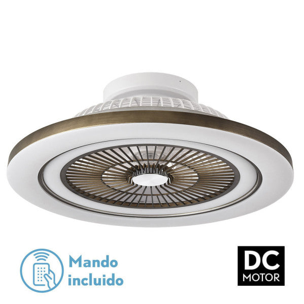 Un lujoso ventilador de techo LED MATO de la marca Abrila con un elegante color de cuero. Este modelo de ventilador, disponible bajo el código 183391514, se destaca por su motor DC eficiente de 72W, perfecto para uso doméstico interior. Viene equipado con mando a distancia para un fácil control de la velocidad regulable del aire, diseñado para generar atmósferas cálidas y acogedoras.