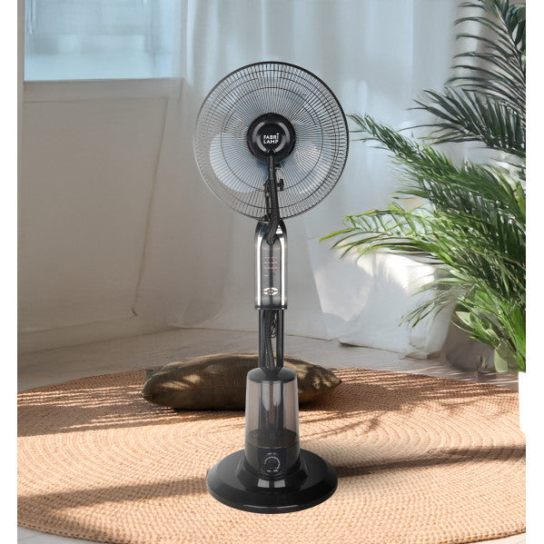 Escribe el siguiente texto en el atitbulo para esa imagen:

Ventilador de pie nebulizador Tromba negro 80W de Abrila, ideal para interior y exterior. Fabricado en metal y policarbonato, perfecto para climatizar cualquier espacio como terrazas y salas de estar en verano. Diseño Tromba, marca Abrila, modelo 184441009.