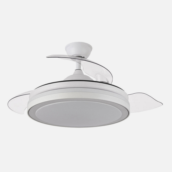 `alt=Ventilador de techo Abrila Esparta Plus DC Blanco, 107cm con aspas retráctiles y LED integrado`.