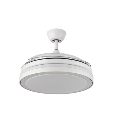 Alt img: Ventilador de techo Abrila Esparta Plus blanco, 107cm, motor DC, ahorro de energía, LED integrado, aspas retráctiles, control remoto incluido, uso domiciliario. Ideal para espacios interiores.