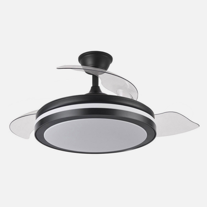 `alt=Ventilador de techo Esparta Plus Negro 107cm de Abrila con tecnología DC motor, aspas retráctiles e iluminación LED integrada`