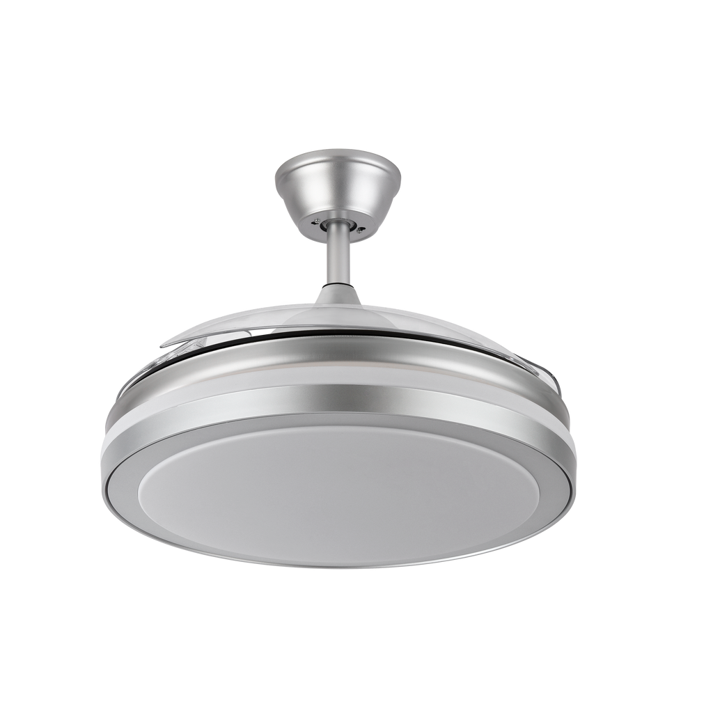 `alt=Ventilador techo DC Esparta Plus Plata 107cm de Abrila con iluminación LED, aspas retráctiles y motor DC, ideal para uso doméstico en verano e invierno`