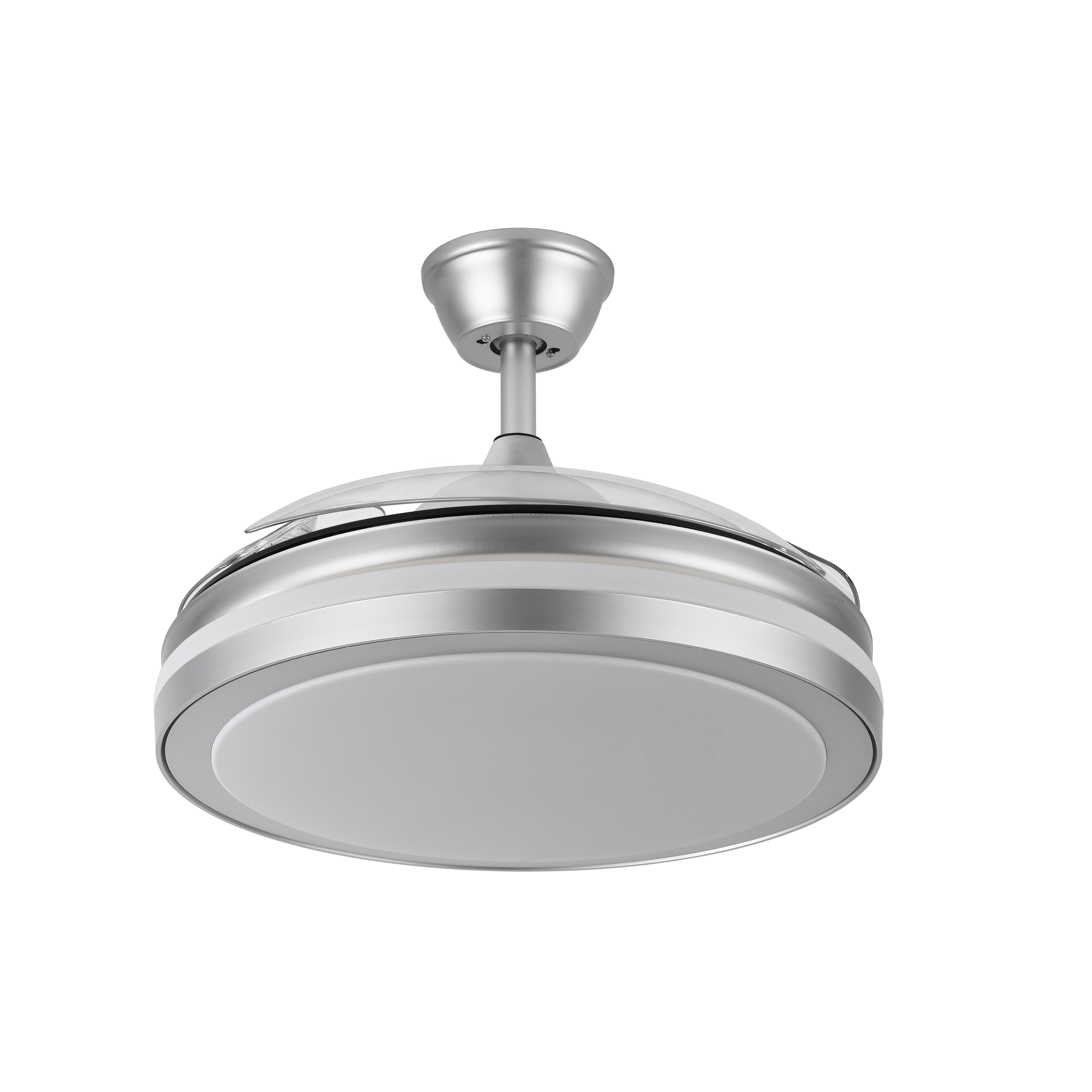 `alt=Ventilador techo DC Esparta Plus Plata 107cm de Abrila con iluminación LED, aspas retráctiles y motor DC, ideal para uso doméstico en verano e invierno`