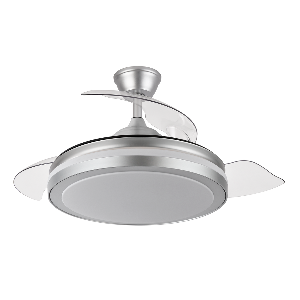 `alt=Ventilador techo Abrila Esparta Plus plata, 107 cm, con motor DC y aspas retráctiles, ideal para interiores domésticos, iluminación regulable con LED integrado, ventilación para verano e invierno`