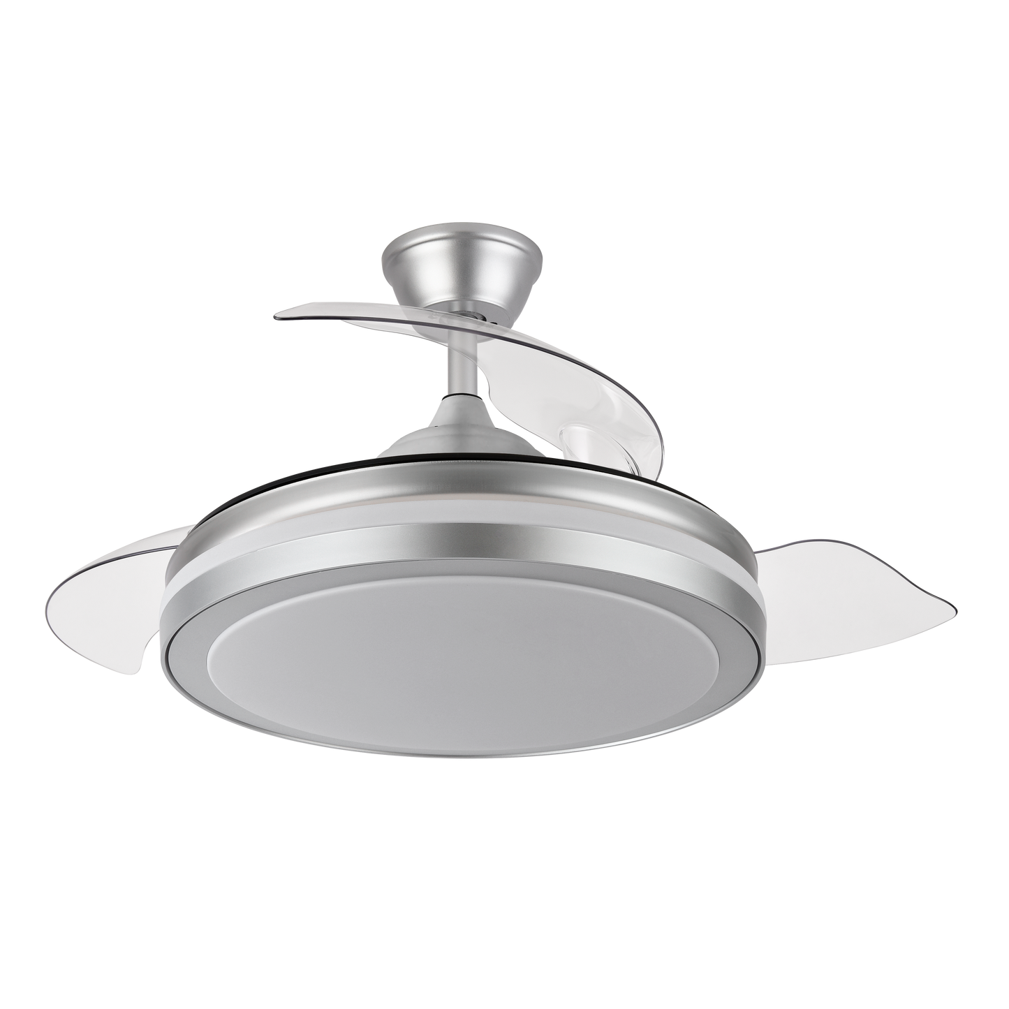 `alt=Ventilador techo Abrila Esparta Plus plata, 107 cm, con motor DC y aspas retráctiles, ideal para interiores domésticos, iluminación regulable con LED integrado, ventilación para verano e invierno`