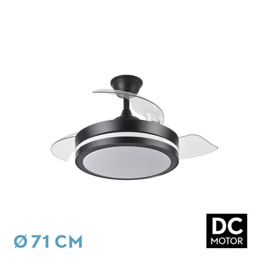 Ventilador de techo Esparta Pequeño negro de 44W con aspas retráctiles, LED integrado y mando a distancia de Abrila, ideal para hogar en verano e invierno, modelo 184793009