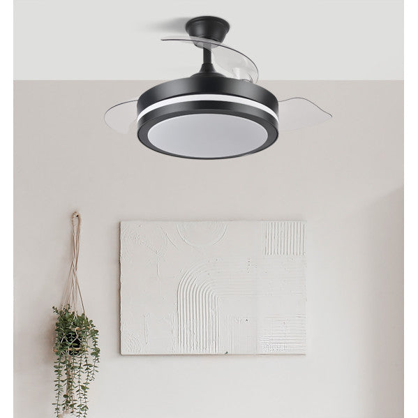 Ventilador de techo Esparta pequeño negro de 44W con aspas retráctiles, LED integrado y mando remoto de Abrila para hogar, ideal para verano e invierno, modelo 184793009.