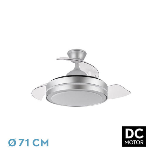 Ventilador de techo DC Esparta Pequeño en color Plata de 44W por Abrila modelo 184793010, con aspas retráctiles, LED integrado de iluminación ajustable, mando a distancia, temporizador y diseño compacto para ventilación eficiente.