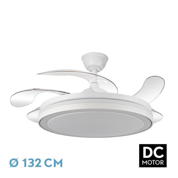 Ventilador de techo Esparta Maxi Blanco de Abrila, modelo 184796001 con 80W de potencia, motor DC eficiente, aspas retráctiles, iluminación LED integrada regulable y diseño doméstico para interiores.