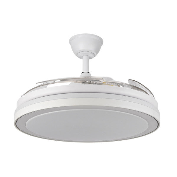 Ventilador de techo Esparta Maxi Blanco 80W de Abrila con aspas retráctiles, motor DC eficiente, LED integrado regulable y diseño doméstico para interiores, modelo 184796001, ventilación y iluminación en blanco.