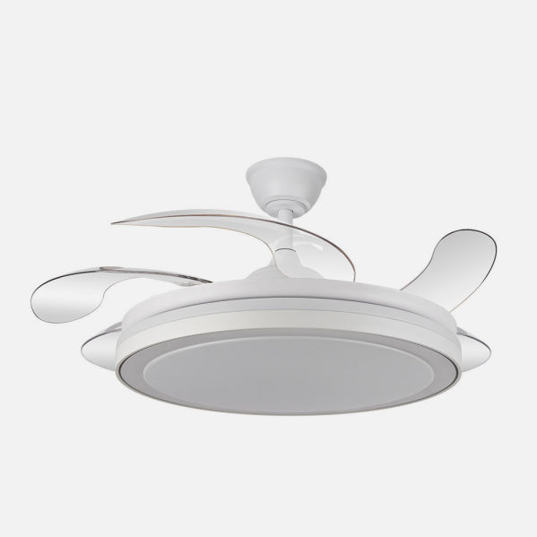 Ventilador de techo Esparta Maxi blanco de Abrila, 80W con motor DC eficiente, aspas retráctiles, LED integrado regulable y diseño doméstico para interiores.