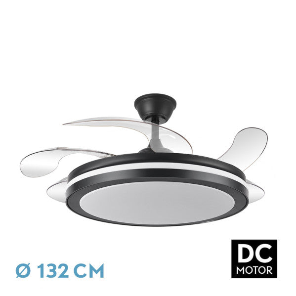 Ventilador de techo DC Esparta Maxi negro de 80W por Abrila, con aspas retráctiles, LED integrado de luz regulable, motor DC eficiente para ventilación en verano e invierno, ideal para interior doméstico, referencia 184796009.