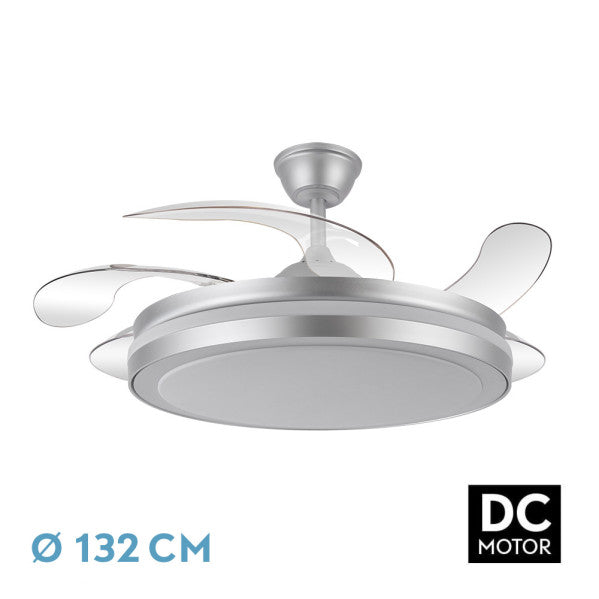 Ventilador de techo Esparta Maxi en color plata de Abrila, 80W con motor DC eficiente, aspas retráctiles, LED integrado con iluminación regulable, ideal para ventilación en verano e invierno en interiores, modelo 184796010 de la serie ESPARTA.