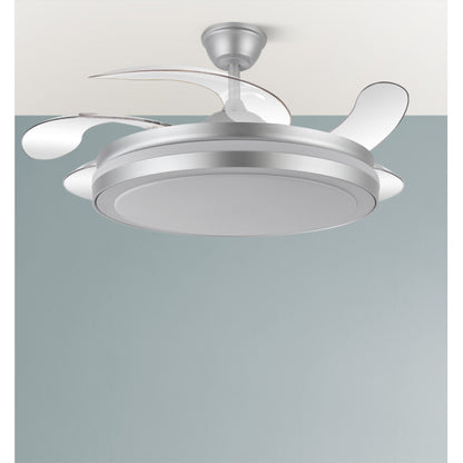 Ventilador de techo Esparta Maxi en color plata de Abrila, modelo 80W con motor DC eficiente, aspas retráctiles de 132 cm, iluminación LED integrada regulable y función de ventilación para verano e invierno, ideal para interiores modernos.