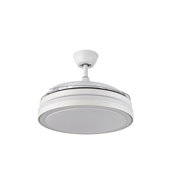 Ventilador de techo Esparta Mini, modelado en blanco, con motor DC eficiente de 72W y LED integrado de luz ajustable, perfecto para uso interior doméstico. Diseñado con aspas retráctiles para máximo rendimiento tanto en verano como en invierno por Abrir el ventilador creador de comodidad y ventilación óptima.