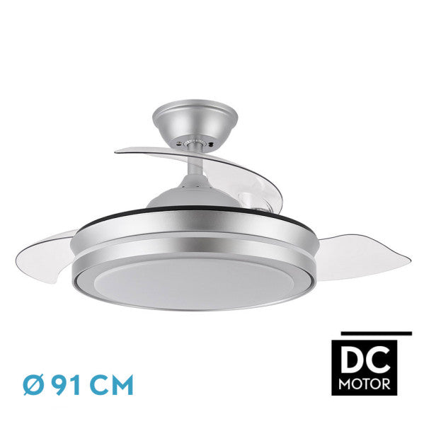 Ventilador Techo Esparta Mini Plata de 91cm, modelo Abrila 184799010. Asomas retráctiles, iluminación regulable y LED integrado. Motor DC para uso eficiente y silencioso, ideal para ventilación en invierno y verano en interiores domésticos.