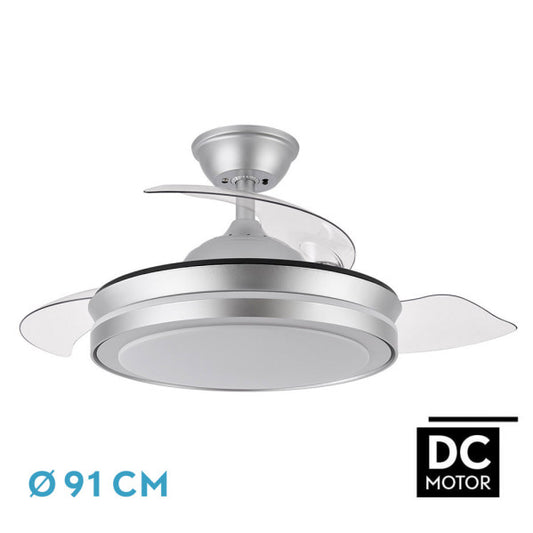 Ventilador Techo Esparta Mini Plata de 91cm, modelo Abrila 184799010. Asomas retráctiles, iluminación regulable y LED integrado. Motor DC para uso eficiente y silencioso, ideal para ventilación en invierno y verano en interiores domésticos.
