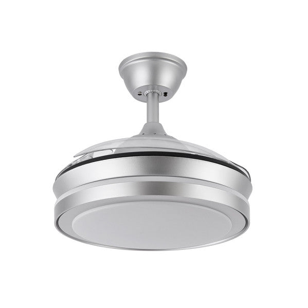 `alt=Ventilador de techo Esparta Mini Plata de Abrila con aspas retráctiles, iluminación regulable, LED integrado y motor DC ideal para uso doméstico todo el año`