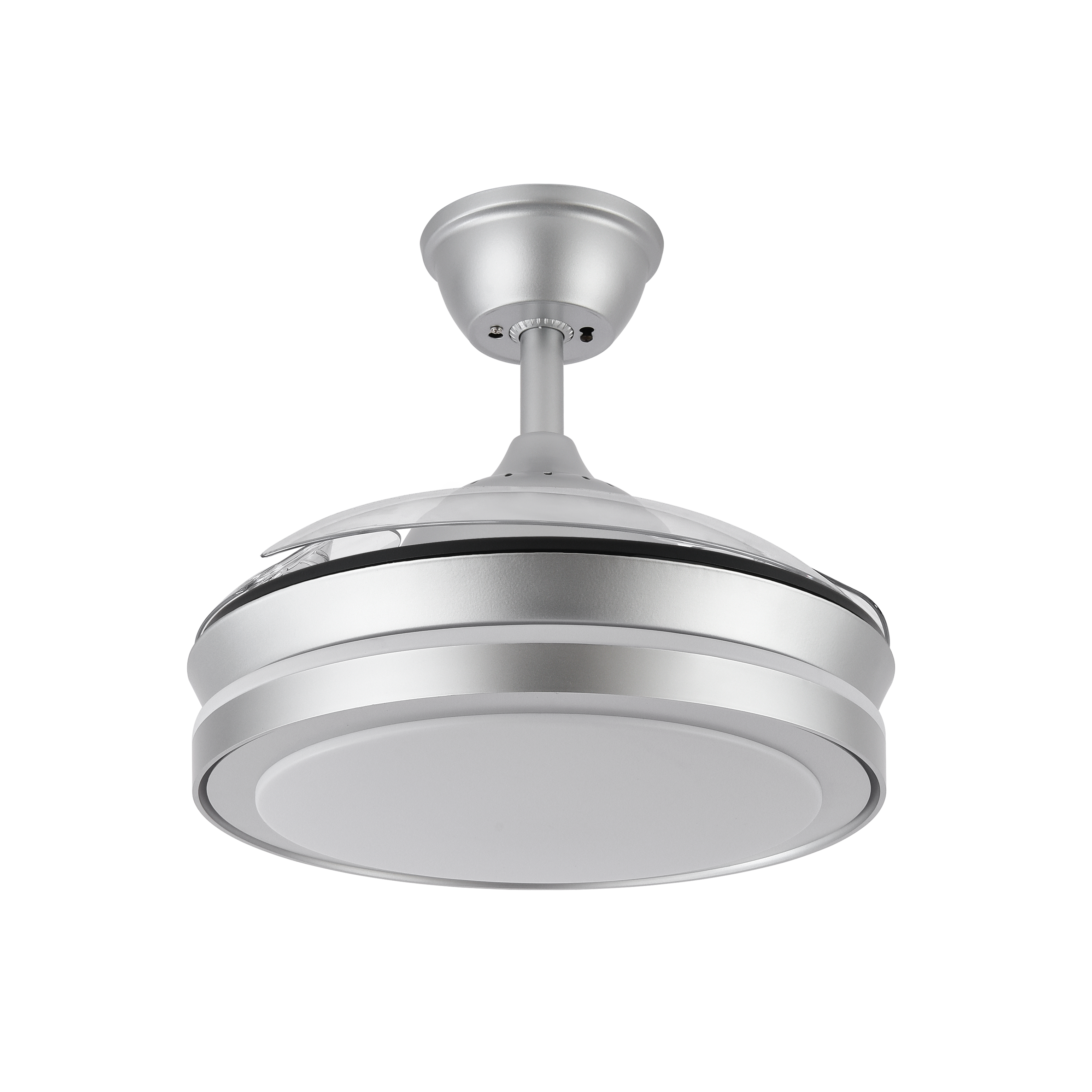Ventilador de techo Abrila Esparta Mini Plata 91cm con iluminación LED, motor DC y aspas retráctiles, perfecto para ventilación en interiores domésticos durante verano e invierno.
