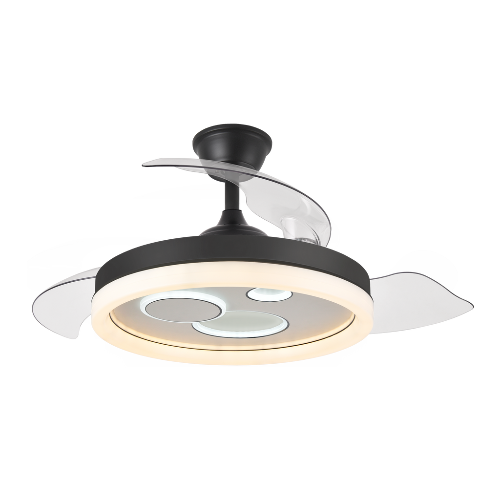 `Ventilador de techo DC Turia de Abrila, 72W, en color negro y blanco | Aspas retráctiles, control remoto y temporizador | Ideal para uso doméstico, con iluminación LED integrada, funcionando en interiores durante todo el año.`