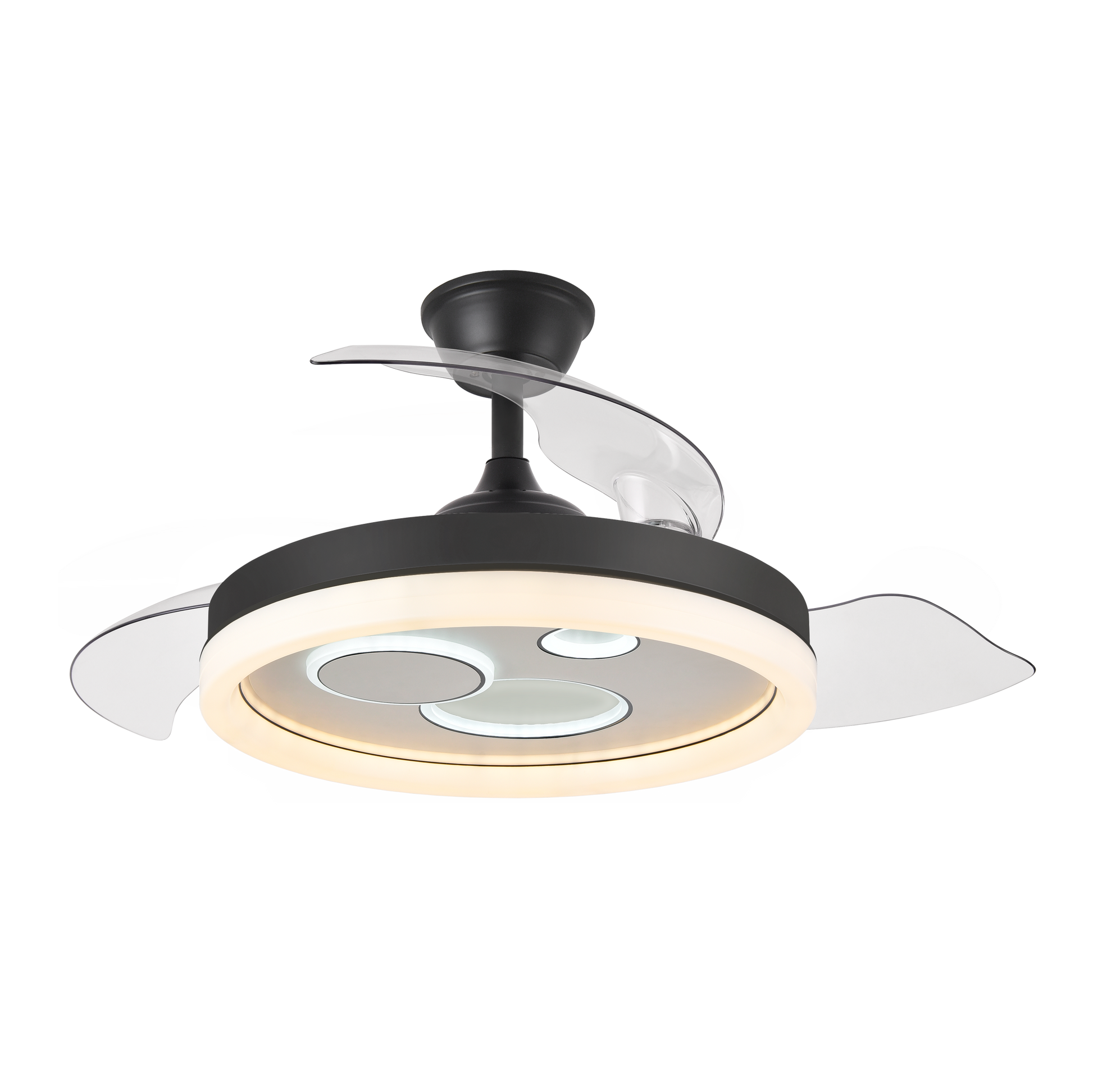 `Ventilador de techo DC Turia de Abrila, 72W, en color negro y blanco | Aspas retráctiles, control remoto y temporizador | Ideal para uso doméstico, con iluminación LED integrada, funcionando en interiores durante todo el año.`