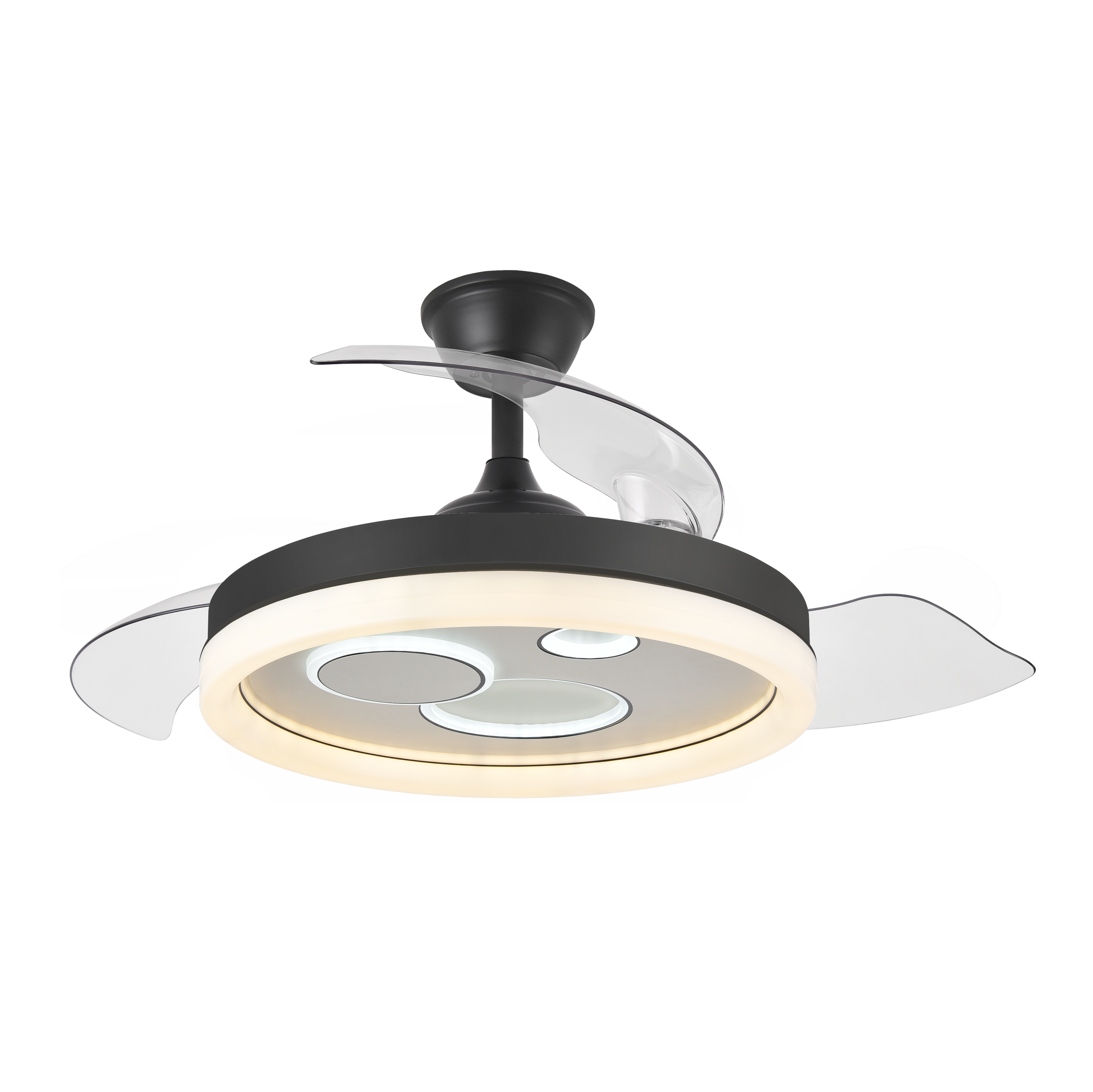 `Ventilador de techo DC Turia de Abrila, 72W, en color negro y blanco | Aspas retráctiles, control remoto y temporizador | Ideal para uso doméstico, con iluminación LED integrada, funcionando en interiores durante todo el año.`