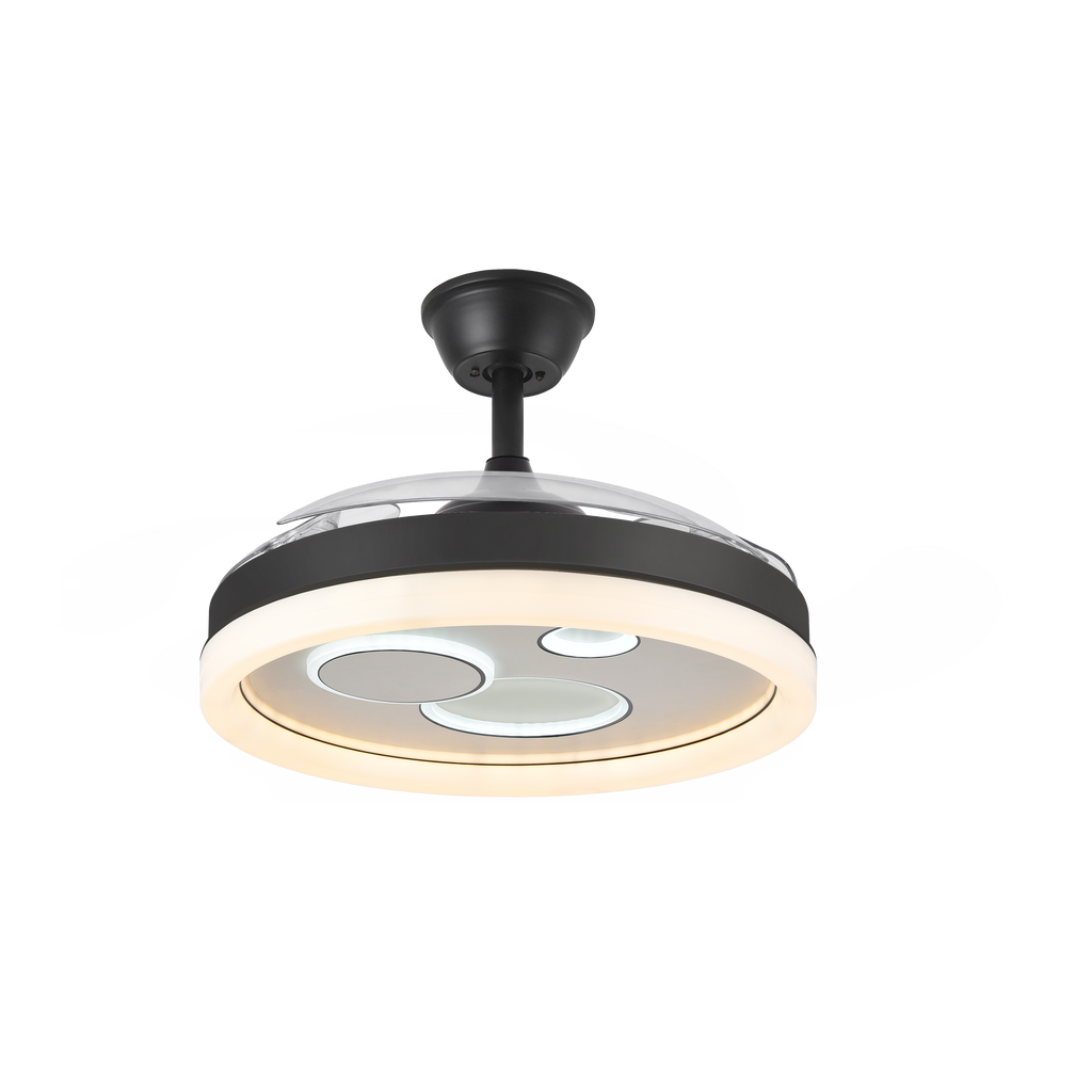 ALTtxt: Ventilador de techo DC Turia, modelo Abrila AI2, con aspas retráctiles y motor DC, en colores negro y blanco. Incluye iluminación LED integrada y control remoto con temporizador. Ideal para uso doméstico interior durante todo el año. 184891409.