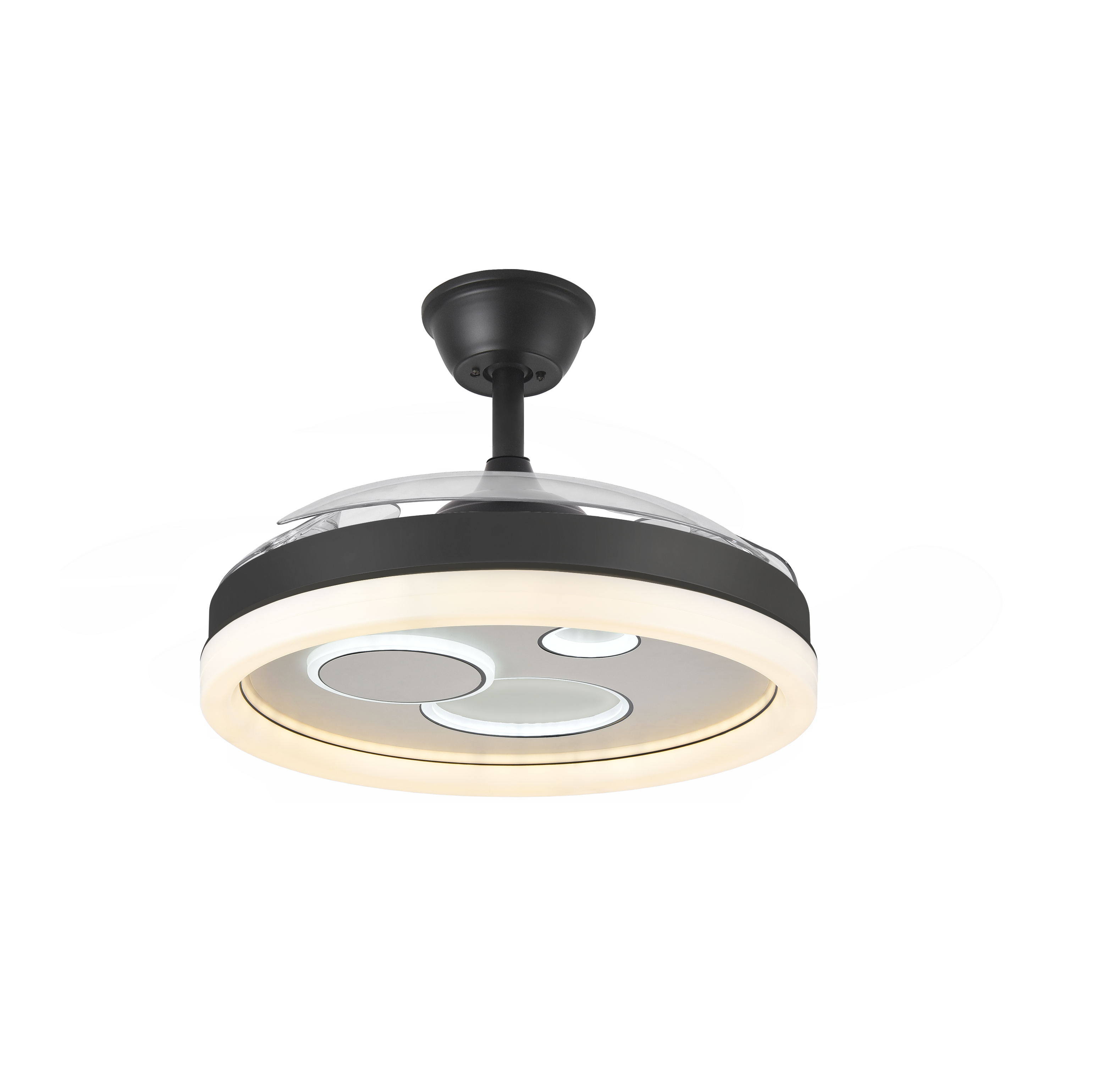 ALTtxt: Ventilador de techo DC Turia, modelo Abrila AI2, con aspas retráctiles y motor DC, en colores negro y blanco. Incluye iluminación LED integrada y control remoto con temporizador. Ideal para uso doméstico interior durante todo el año. 184891409.