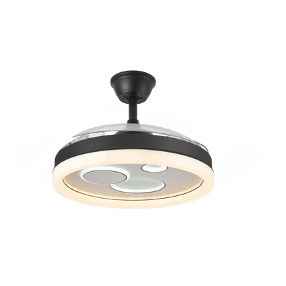 ALTtxt: Ventilador de techo DC Turia, modelo Abrila AI2, con aspas retráctiles y motor DC, en colores negro y blanco. Incluye iluminación LED integrada y control remoto con temporizador. Ideal para uso doméstico interior durante todo el año. 184891409.