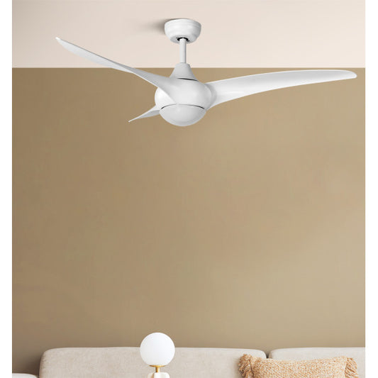 `alt=Ventilador de Techo Canea Blanco 3 Aspas con Luz LED Ajustable, Motor DC, 6 Velocidades, Ideal para Interiores`
```