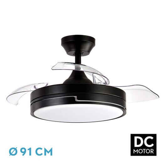 Ventilador de techo Olimpia Negro, 48W, con control remoto, iluminación LED ajustable, temporizador y 6 velocidades ajustables. Diseño moderno con aspas retráctiles, perfecto para interiores domésticos.