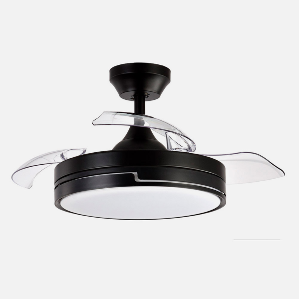 Ventilador de techo Olimpia negro 48W en color negro con iluminación LED ajustable y mando remoto. Este ventilador Abrila de 6 velocidades incluye un temporizador y aspas retráctiles, perfecto para espacios interiores domésticos.
