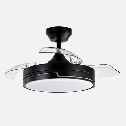 Ventilador de techo Olimpia negro 48W en color negro con iluminación LED ajustable y mando remoto. Este ventilador Abrila de 6 velocidades incluye un temporizador y aspas retráctiles, perfecto para espacios interiores domésticos.