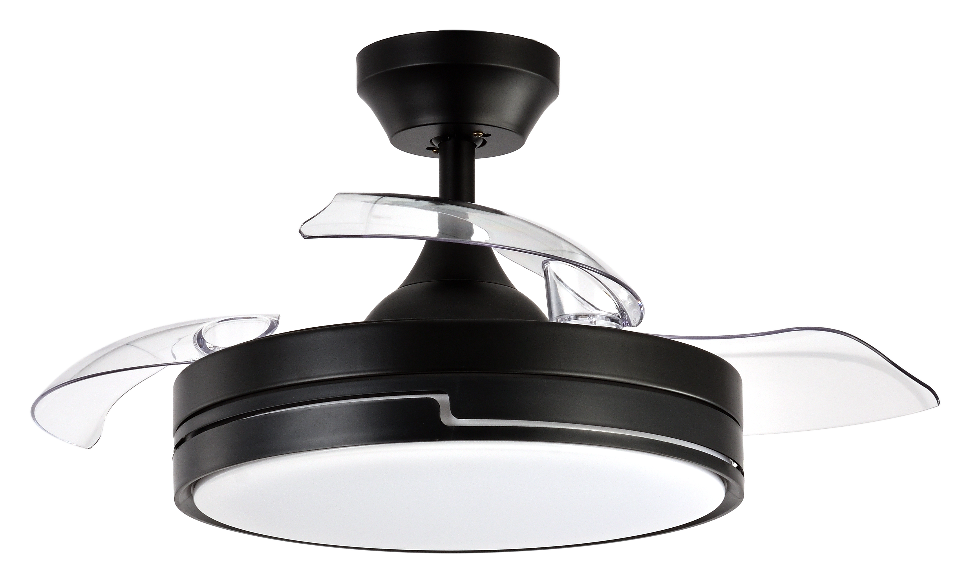 Aquí tienes un texto optimizado para el alt image del producto:

Ventilador de techo Olimpia modelo Abrila en negro con 6 velocidades y mando remoto. Incluye iluminación LED ajustable y temporizador, perfecto para interiores domésticos. Diseño con aspas retráctiles y ventilador DC de 48W. Código de producto: 185999009