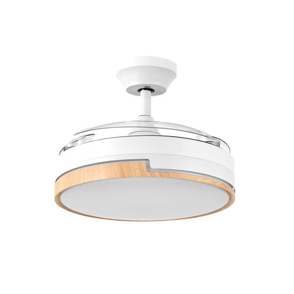 Ventilador de techo Olimpia en blanco y haya de Fabrilamp, ideal para climatización y decoración del hogar.