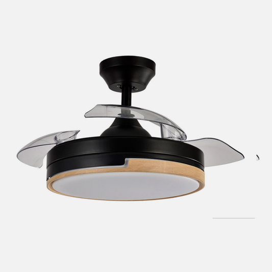 Alt Image: Ventilador de techo Olimpia 91 cm en colores negro y madera con aspas retráctiles y LED integrado. Motor DC eficiente y control remoto, perfecto para uso interior doméstico. Ideal para crear un ambiente cómodo y elegante en cualquier habitación.