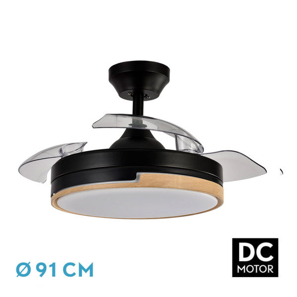 Aspas retráctiles de ventilador techo Olimpia negro madera de 91cm en habitación, iluminación LED integrada, motor DC eficiente energéticamente y control remoto, marca Olimpia, modelo 185999085