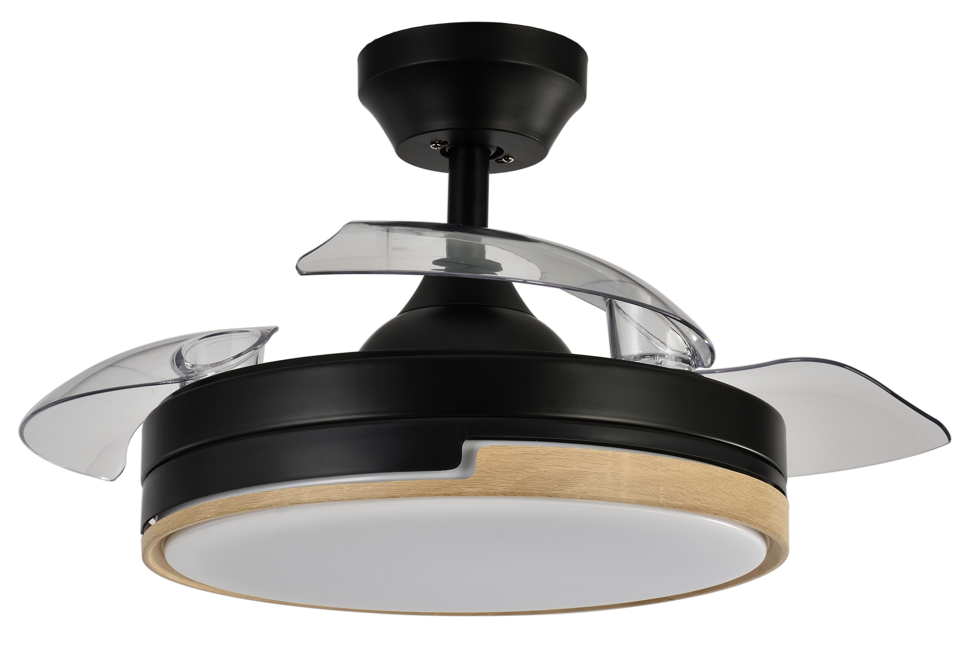 `alt=Ventilador de techo Olimpia Negro/Madera de 91cm con motor DC, aspas retráctiles y control remoto - Energía eficiente, led integrado para uso en el hogar`